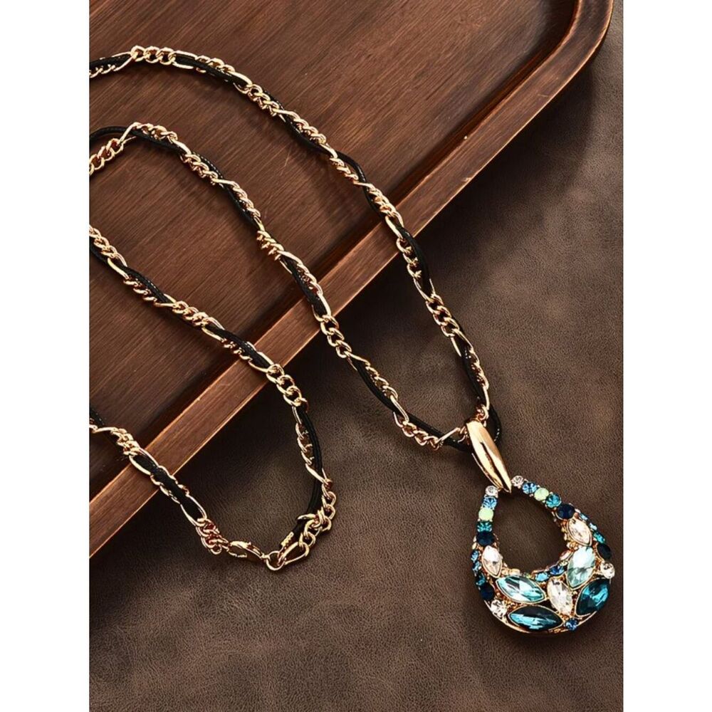 Baroque Necklace Colorful Teardrop Pendant Shades of Blue Embellished Crystals